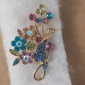 VTG Aurora Borealis Rhinestone Brooch Floral Bouquet Pin Pink Blue Purple Green